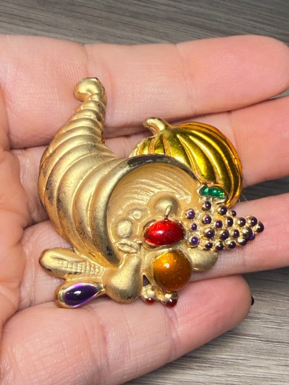 Vintage Cornucopia Brooch Gold Tone Rhinestone Fruit Fall Harvest 2.6”